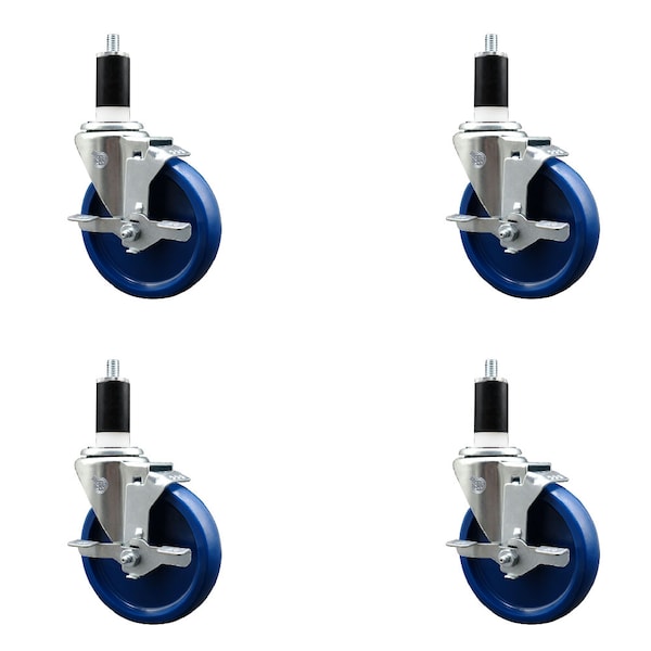 5'' SS Solid Poly Swivel 1-3/8'' Expanding Stem Caster Set with Brake, 4PK